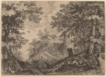 Escena de bosque con dos cazadores y un perro a la izquierda