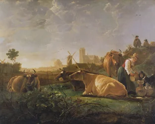 Vista Lejana de Dordrecht con Pastor Durmiente y Cinco Vacas (