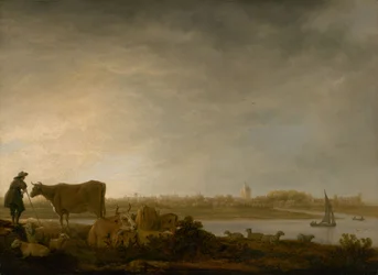 Vista de Vianen con un pastor y su ganado junto a un río