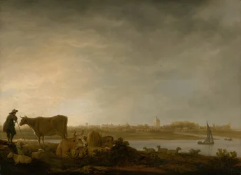 Vista de Vianen con un pastor y ganado junto a un río, c. 1643-45