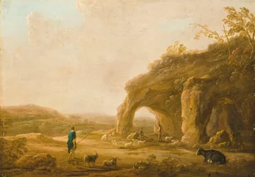 Paisaje a la italiana con pastores junto a una gruta