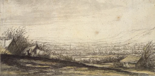 Paisaje extenso con cabaña y ganado