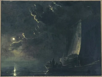 Alemán: Paisaje lunar, en primer plano un barco de pesca con pescadores Pescadores a la luz de la luna