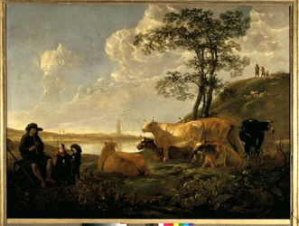 Paisaje cerca de Rhenen: vacas pastando y pastor tocando la flauta. Pintura de Albert (Aelbert o Aelbrecht) Cuyp (1620-1691)