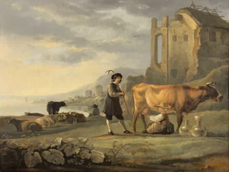 Paisaje con una criada ordeñando una vaca