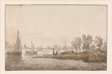 Paisaje fluvial con veleros