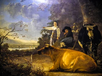 Dos vacas con pastor y pastora