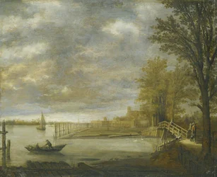 Vista de Dordrecht desde el sur, en primer plano los aserraderos