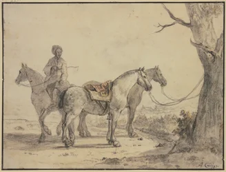 Dos caballos ensillados atados a un árbol, con un jinete