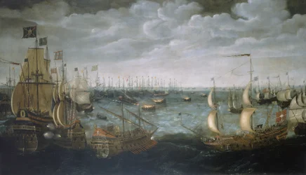 Lanzamiento de barcos de fuego contra la Armada española, 7 de agosto de 1588, c.1590 (óleo sobre lienzo)