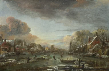Un río congelado cerca de una ciudad al atardecer, ca 1665