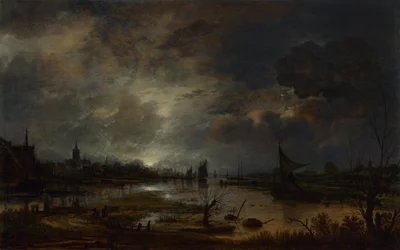 Un río cerca de una ciudad, a la luz de la luna, c. 1645