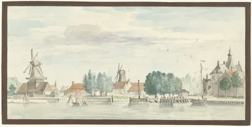 Vista de Dordrecht con el Rietdijkspoort y los molinos de viento
