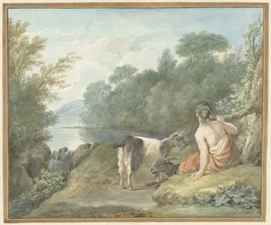 Pastora con cabras en un paisaje con un lago