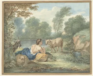 Pastora con ovejas en un paisaje con un lago