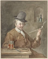 Hombre que fuma en pipa en una mesa con un plato, un cuchillo y un vaso