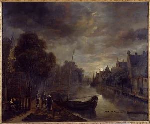 Un canal en una ciudad holandesa a la luz de la luna (óleo sobre lienzo)