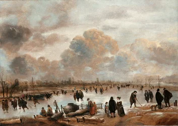 Un paisaje invernal con patinadores y habitantes del pueblo en un canal congelado