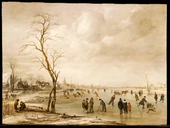 Un paisaje invernal con gente del pueblo patinando y jugando al kolf en un río congelado, una ciudad al fondo