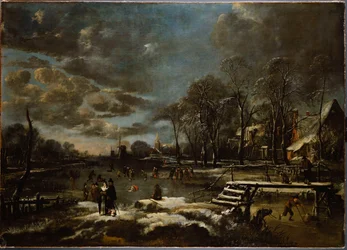 Un paisaje fluvial invernal con figuras jugando al golf y patinando