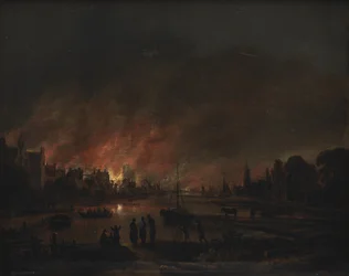 Incendio en un pueblo por la noche