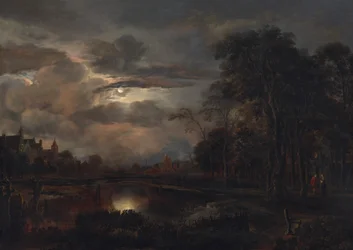 Paisaje a la luz de la luna con puente