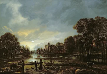 Paisaje fluvial a la luz de la luna con cabañas en las orillas boscosas