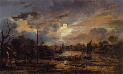 Paisaje fluvial con luz de luna