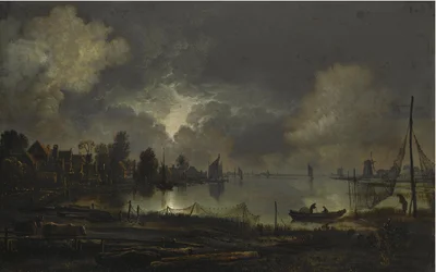 Vista de una ciudad lacustre a la luz de la luna, con redes tendidas a secar