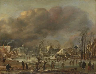Paisaje invernal con iglesia y granjas