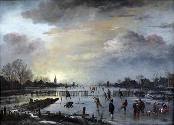 Paisaje de invierno con patinadores