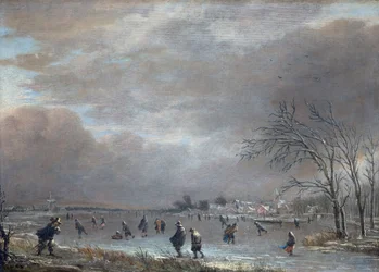 Paisaje de invierno con patinadores en un río congelado