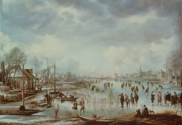 Escena de invierno con figuras patinando