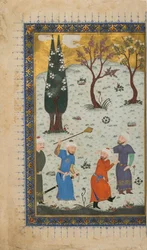 Folio de un texto no identificado; recto: Un príncipe entronizado rodeado de asistentes, Herat, Afganistán, c.1425-30