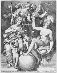Alegoría del Salmo de David, Misericordia sentada a la izquierda alimentando a cuatro niños, 1579