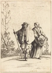 Pareja de mendigos, con paisaje de fondo