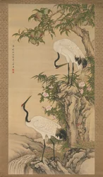 Grullas, árbol de durazno y rosas chinas, principios del siglo XVIII