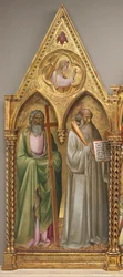 San Andrés y San Benito con el arcángel Gabriel [panel izquierdo], poco antes de 1387 (temple sobre tabla de álamo)