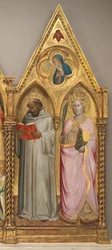 San Bernardo y Santa Catalina de Alejandría con la Virgen de la Anunciación [panel derecho], poco antes de 1387 (temple sobre tabla de álamo)