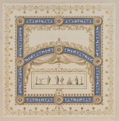 Diseños de techos a la manera antigua, con escenas centrales de los dioses en frisos