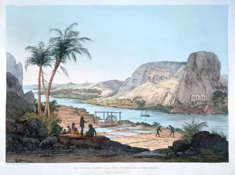 Vista exterior de los dos templos en Ybsambul, Egipto, 1820