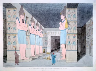 El interior del templo en Ybsombul en Nubia, 1820