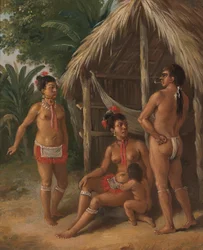 Una familia caribe de las Islas de Sotavento fuera de una cabaña