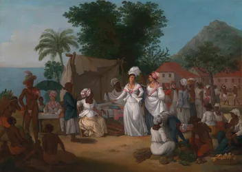Mercado de Lino con un Puesto de Lino y Vendedora de Verduras en las Indias Occidentales, ca. 1780