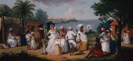 Baile de negros en la isla de Dominica, con Fort Young al fondo