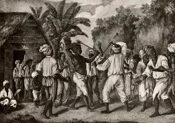 Combate con garrotes entre ingleses y franceses negros en la isla de Dominica, Santo Domingo