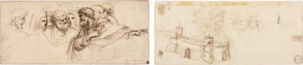 Estudio de cabezas (recto); Fortaleza almenada (verso)
