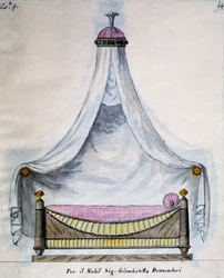 Cama con dosel para el Sr. Brancadori, del Lavori di falegname e Fabbro ideati e disegnati da me Agostino Fantastici, manuscrito 3, lámina 4