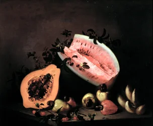 Bodegón de papaya, sandía y anacardos