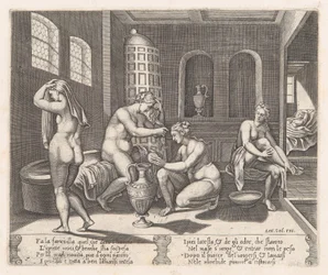 Placa 7: Psique atendida en su baño, de la Historia de Cupido y Psique contada por Apuleyo, 1530-60